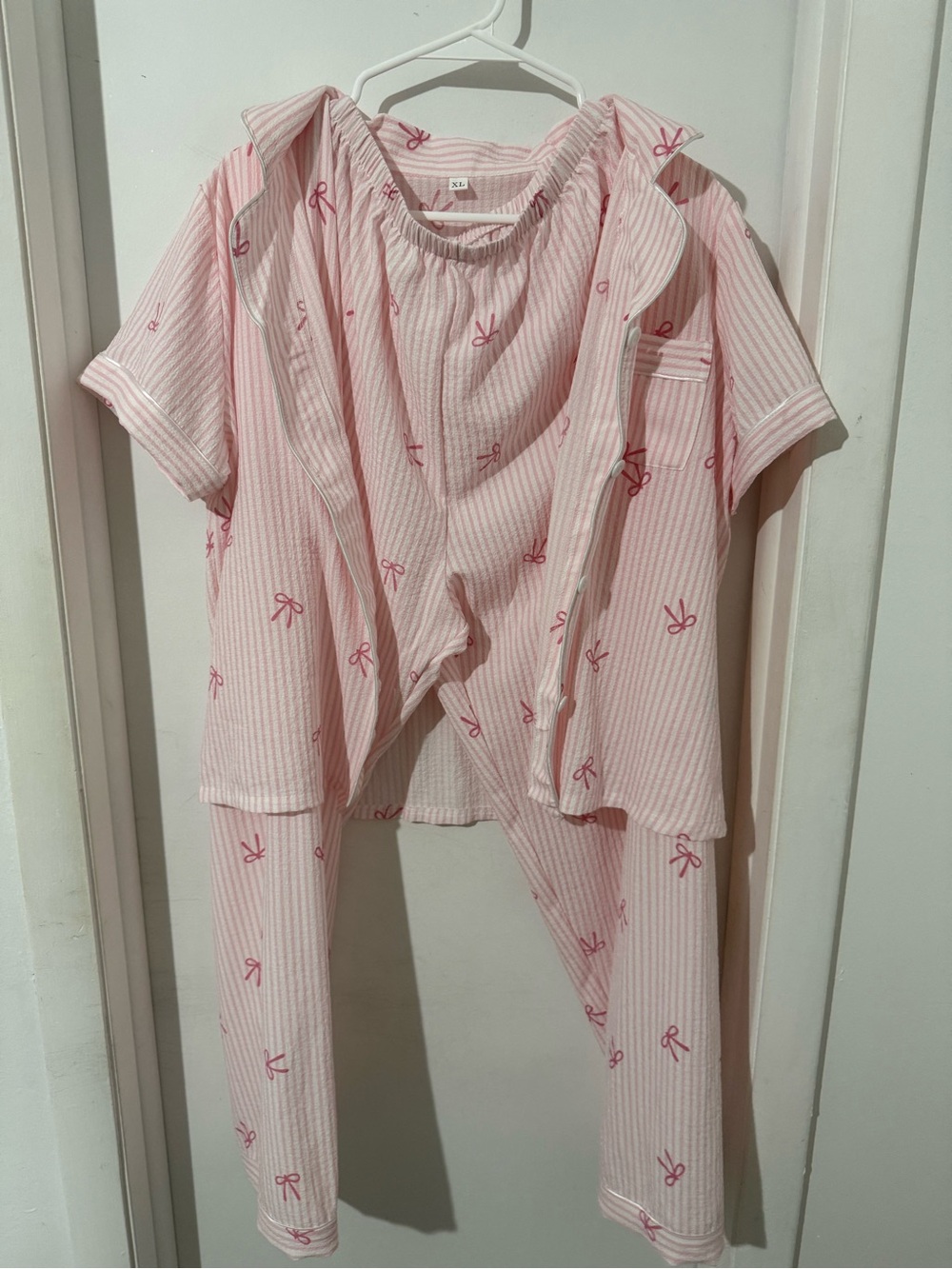 Girls' Pink Striped Bow-Print Short Sleeve Pajama Set